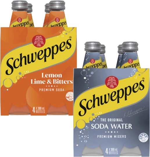 Schweppes Mixers, Soft Drink or Mineral Water 4x300mL