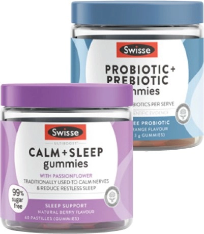 Swisse Probiotic + Prebiotic Gummies 45 Pack or Ultiboost Calm + Sleep Gummies 60 Pack