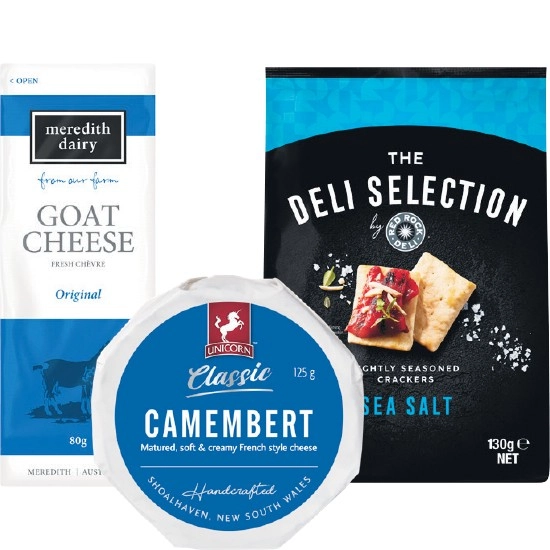 Unicorn Brie or Camembert 125g, Meredith Dairy 80-100g, Tucker’s Fruit Paste 120g or Red Rock Deli Selection Crackers 130g – From the Deli