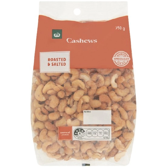 Woolworths Cashews Roasted Unsalted or Salted 750g Pack