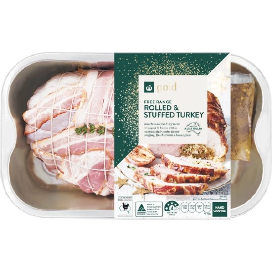 Woolworths Gold Free Range Rolled Turkey Roast Wrapped in Bacon with Sourdough & Native Thyme Stuffing – From the Meat Dept