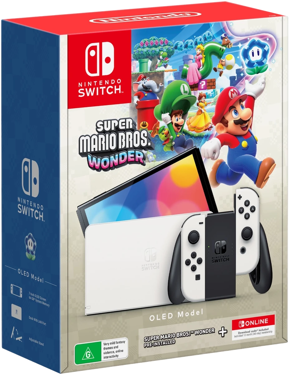 Nintendo Switch OLED White Super Mario Bros. Wonder + NSO 12 Month Bundle