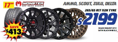 17" 4 Wheel & 4 Tyre Packages - Monster Ammo, Scout, Zulu, Delta RoadX Rxquest AT21