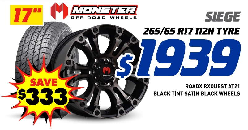 17" 4 Wheel & 4 Tyre Packages - Monster Siege RoadX Rxquest AT21