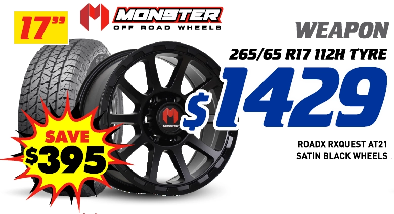 17" 4 Wheel & 4 Tyre Packages - Monster Weapon RoadX Rxquest AT21