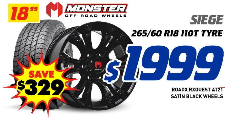 18" 4 Wheel & 4 Tyre Packages - Monster Siege RoadX Rxquest AT21