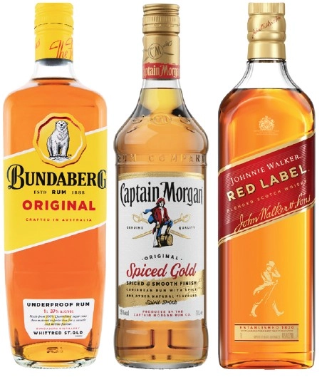 Bundaberg UP Rum, Captain Morgan Spiced Gold or Johnnie Walker Red Label Scotch 1 Litre