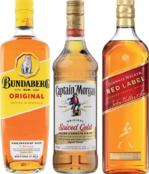 Bundaberg UP Rum, Captain Morgan Spiced Gold or Johnnie Walker Red Label Scotch 1 Litre