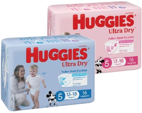 Huggies Ultra Dry, Newborn or Infant Nappies 14‑28 Pack Selected Varieties