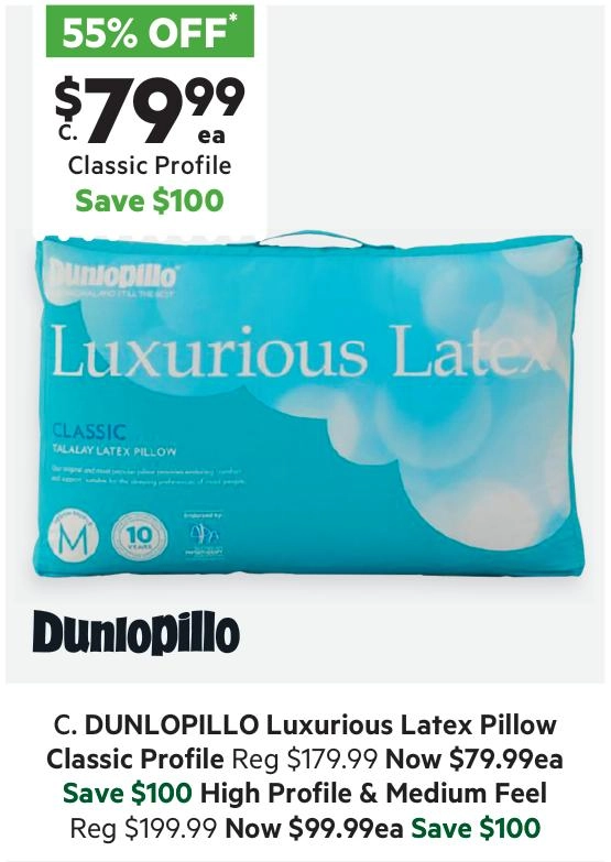 Dunlopillo Luxurious Latex Classic Profile Pillow White Standard