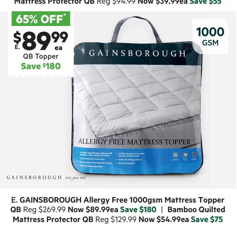 Gainsborough 1000 GSM Allergy Free Mattress Topper Queen