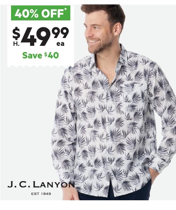 JC Lanyon Men's Fanshaw Palm Print Cotton Linen Blend Long Sleeve Shirt White & Navy L