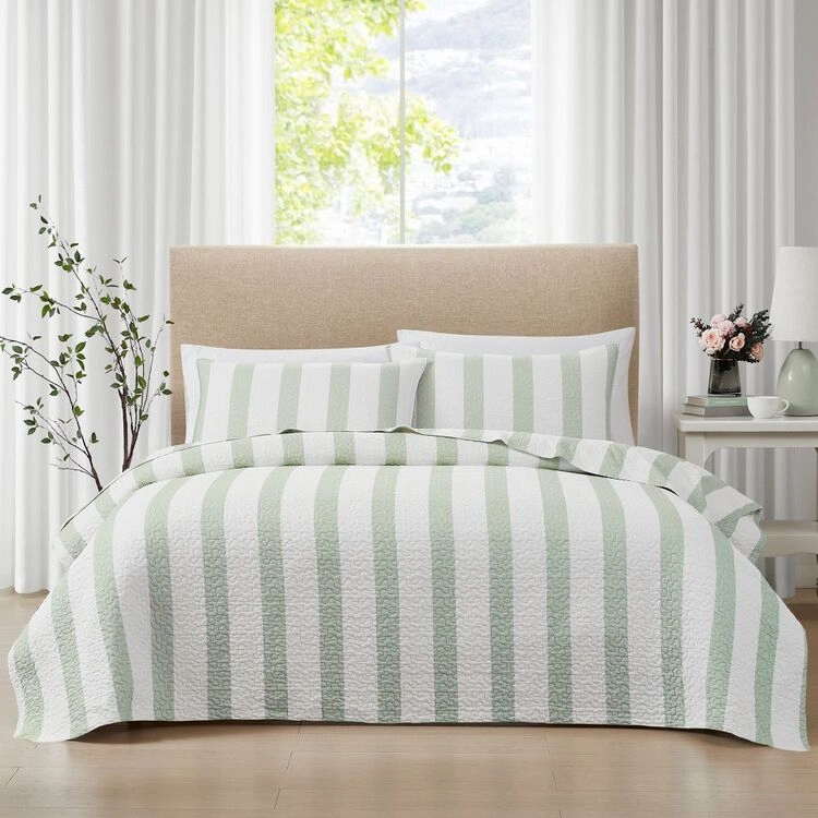 Laura Ashley Lym Regis 3 Piece Coverlet Set Grey & Green Queen