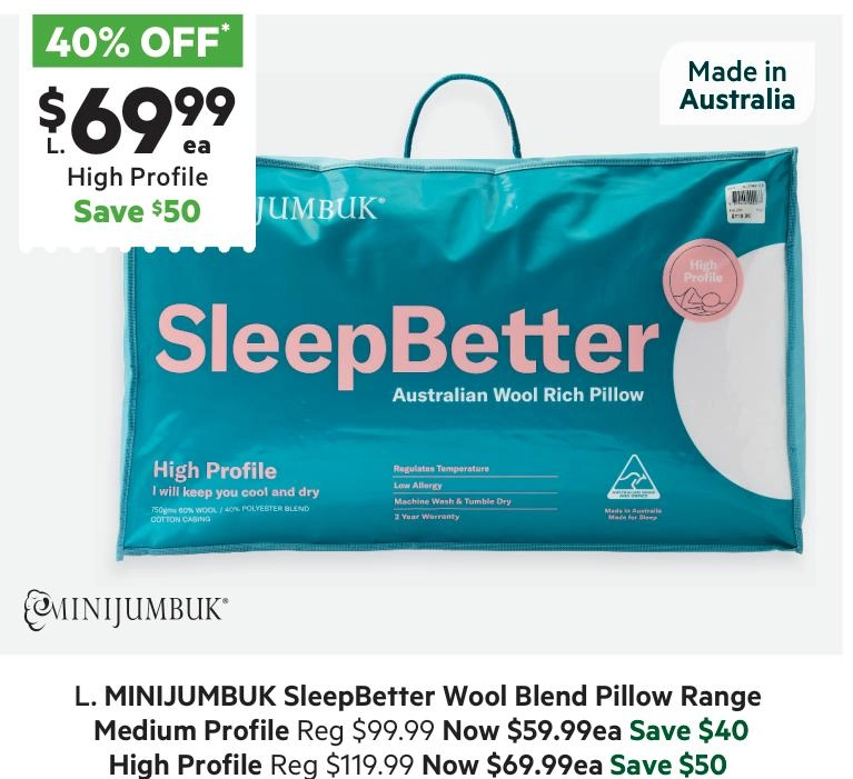 MiniJumbuk Sleep Better Australian Wool High Profile Pillow White Standard