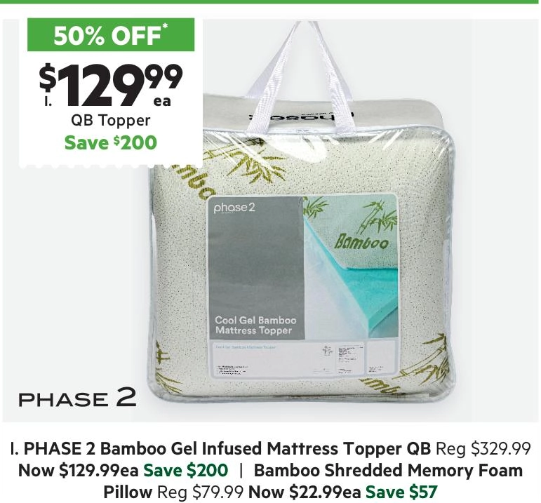 Phase 2 Bamboo Gel Infused Mattress Topper White Queen