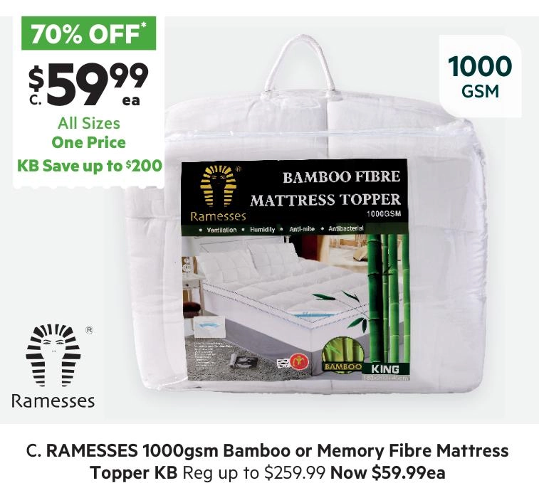 Ramesses 1000 GSM Bamboo Mattress Topper White King Bed