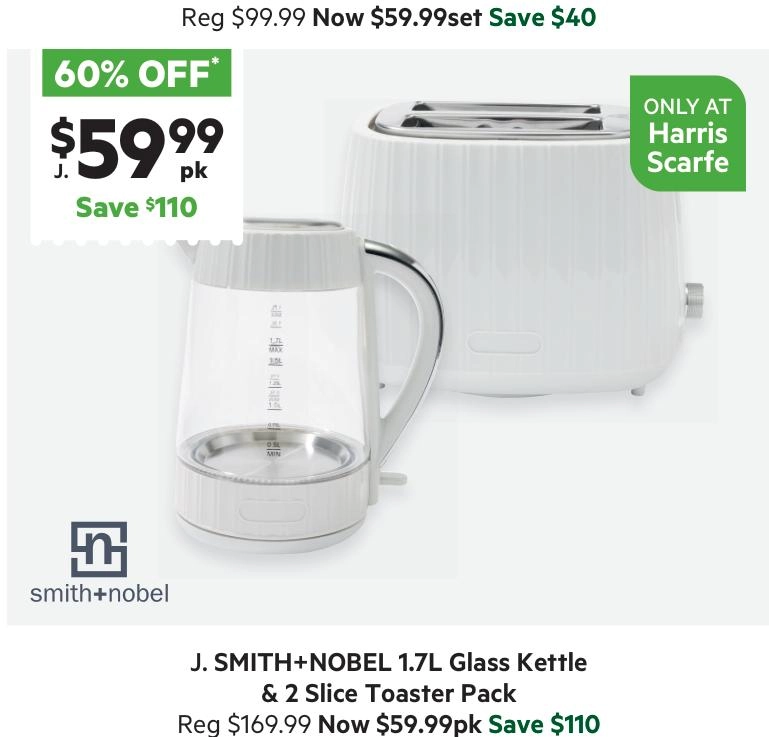 Smith + Nobel 1.7L Glass Kettle & 2 Slice Toaster Pack