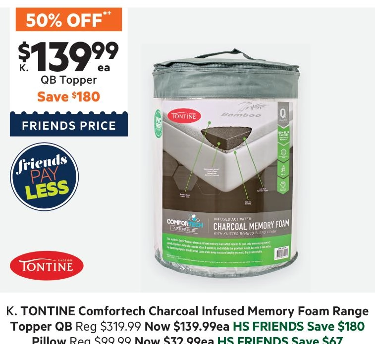 Tontine Comfortech Charcoal Infused Memory Foam Topper Queen