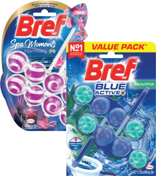 Bref Spa Moments or Blue Active In The Bowl Toilet Cleaner Twin Pack 100g