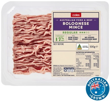 Coles Australian Pork & Beef 3 Star Regular Mince Bolognese 500g