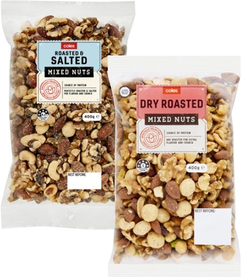 Coles Roasted & Salted or Dry Roasted Mixed Nuts 400g Pack