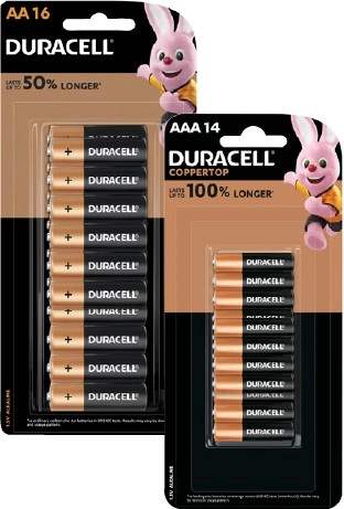 Duracell Coppertop Batteries AA 16 Pack or AAA 14 Pack