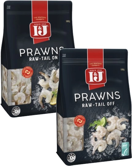 I&J Raw Prawns Tail On, Tail Off or Extra Large Tail On 500g