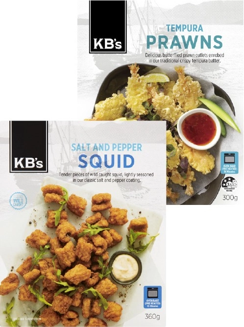 KB's Salt and Pepper Squid 360g or Tempura Prawns 300g