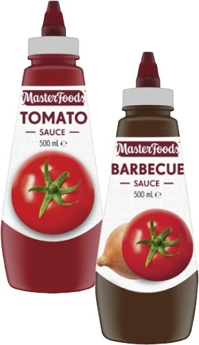 MasterFoods Squeeze Tomato or Barbecue Sauce 475mL-500mL