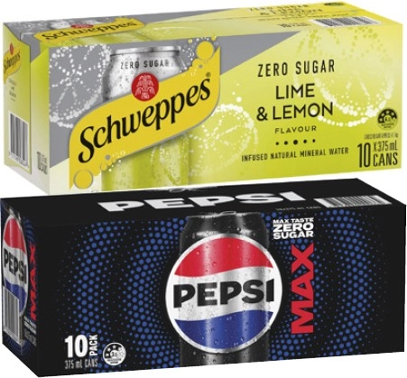 Pepsi, Solo or Schweppes Soft Drink or Schweppes Sparkling Water 10x375mL