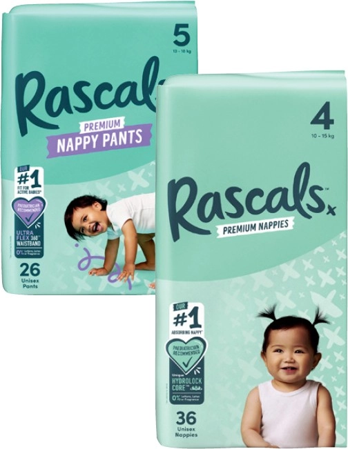 Rascals Premium Nappies 26 Pack-54 Pack or Nappy Pants 22 Pack-29 Pack