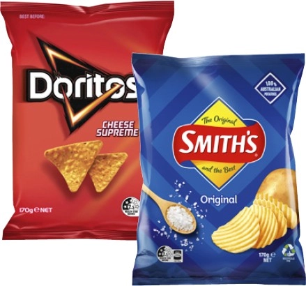 Smith's Crinkle Cut Potato Chips or Doritos Corn Chips 150g-170g