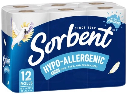 Sorbent 3-Ply Hypo-Allergenic Toilet Tissue 12 Pack