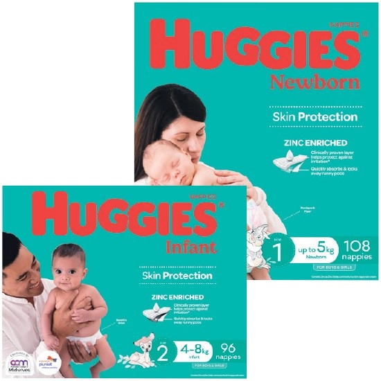 Huggies Infant Nappies Pk 96 or Newborn Nappies Pk 108