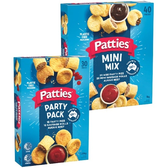 Patties Mini Mix Pies & Sausage Rolls 1 kg or Patties Party Pack Party Pies & Sausage Rolls 1.25 kg