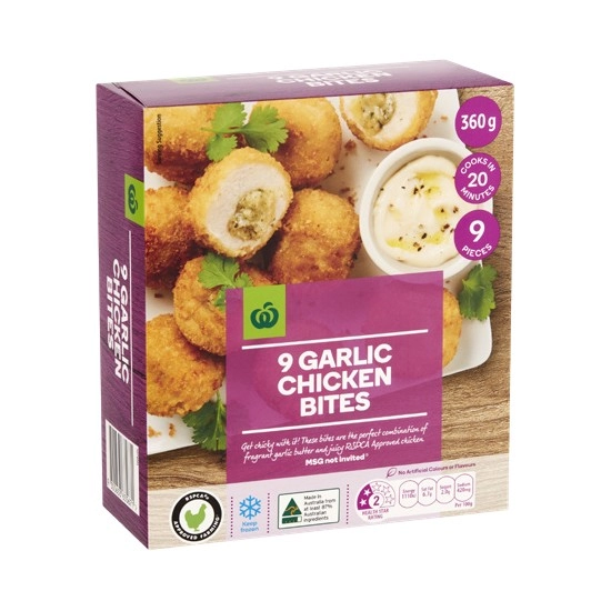 Woolworths Garlic Chicken Bites 360g Pk 9 – From the Freezer