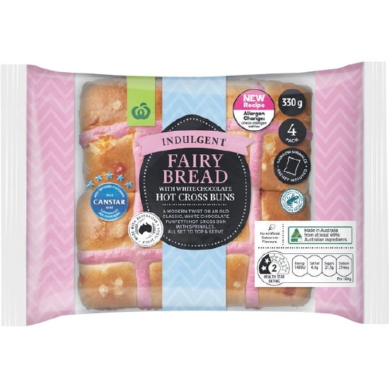 Woolworths Indulgent Fairy Bread Hot Cross Buns Pk 4