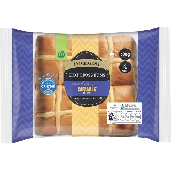 Woolworths Indulgent Hot Cross Buns Made with Cadbury® Caramilk® Chocolate Chips Pk 4^