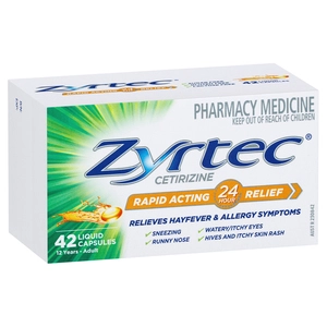 Zyrtec Cetrizine Rapid Acting 24 Hour Relief 42 Capsules