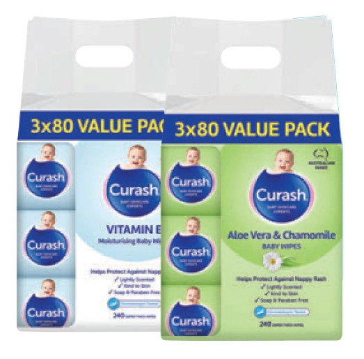 Curash Baby Wipes Original Vitamin E or Soothing Aloe 3 x 80 Bulk Pack