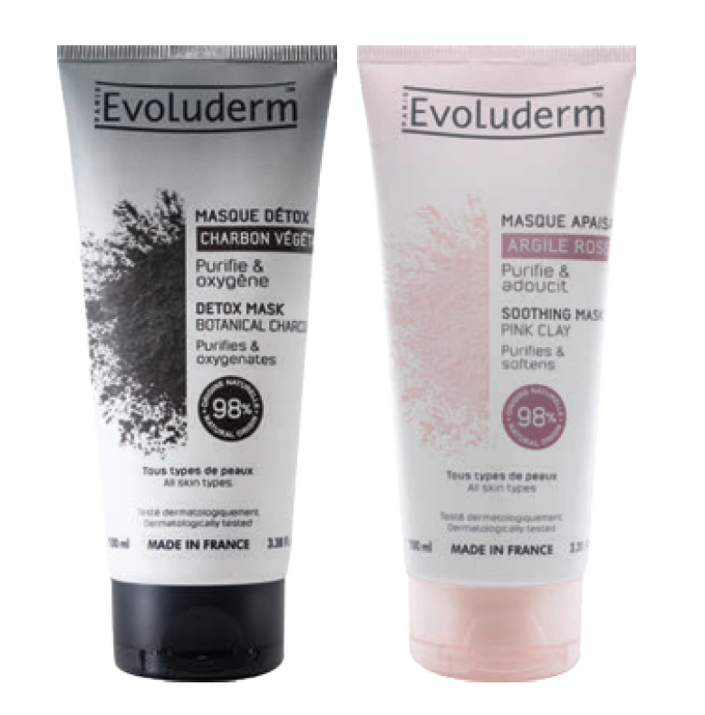 Evoluderm Detox Mask Botanical Charcoal or Soothing Mask Pink Clay 100ml