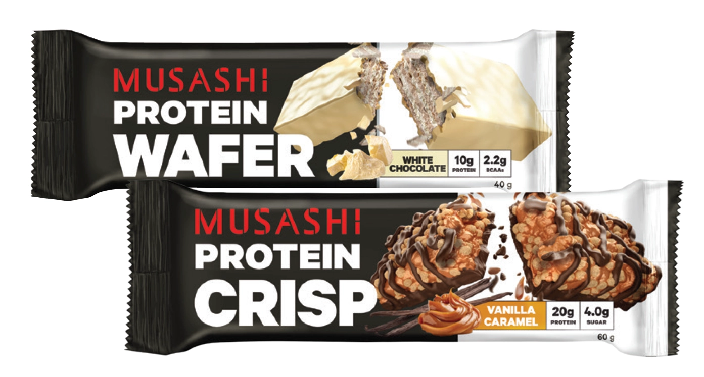 Musashi Protein Crisp Bar Vanilla Caramel 60g, Wafer White Chocolate 40g