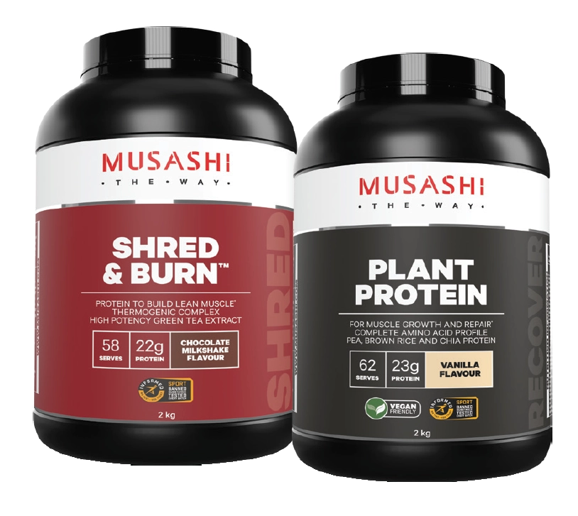 Musashi Shred And Burn Chocolate 2kg, Plant Protein Vanilla 2kg