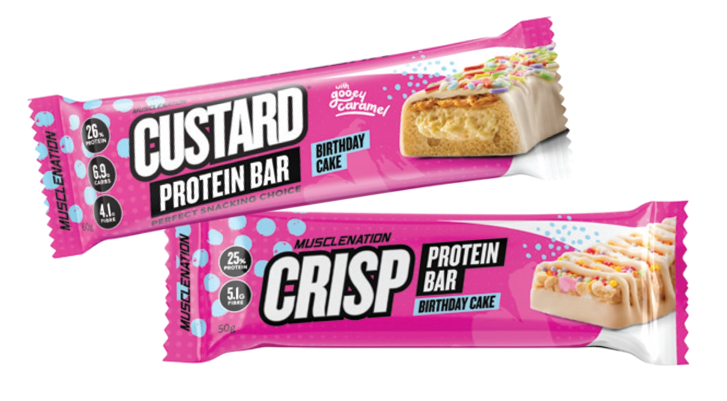 Muscle Nation Custard Protein Bar Birthday Cake 60g, Crisp Protein Bar Birthday Cake 50g