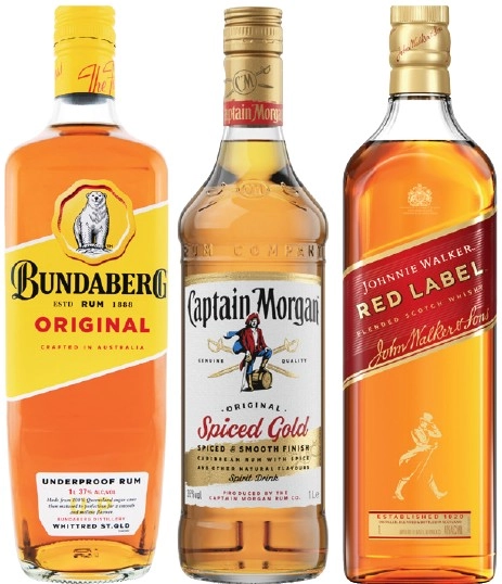 Bundaberg UP Rum, Captain Morgan Spiced Gold or Johnnie Walker Red Label Scotch 1 Litre