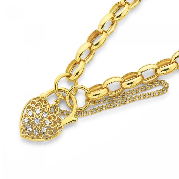 9ct Gold 19cm Oval Belcher Diamond Padlock Bracelet