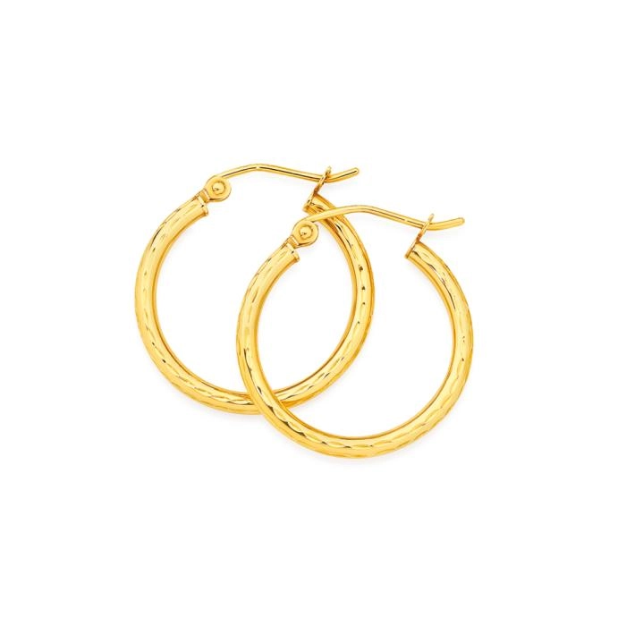 9ct Gold 2x15mm Diamond-Cut Hoop Earrings