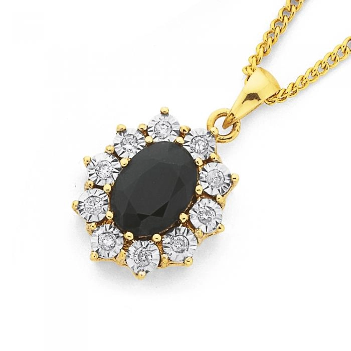 9ct Gold Black Sapphire & Diamond Oval Pendant