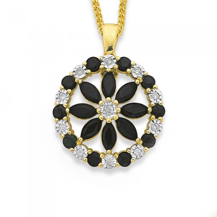 9ct Gold Black Sapphire & Diamond Wreath Enhancer Pendant