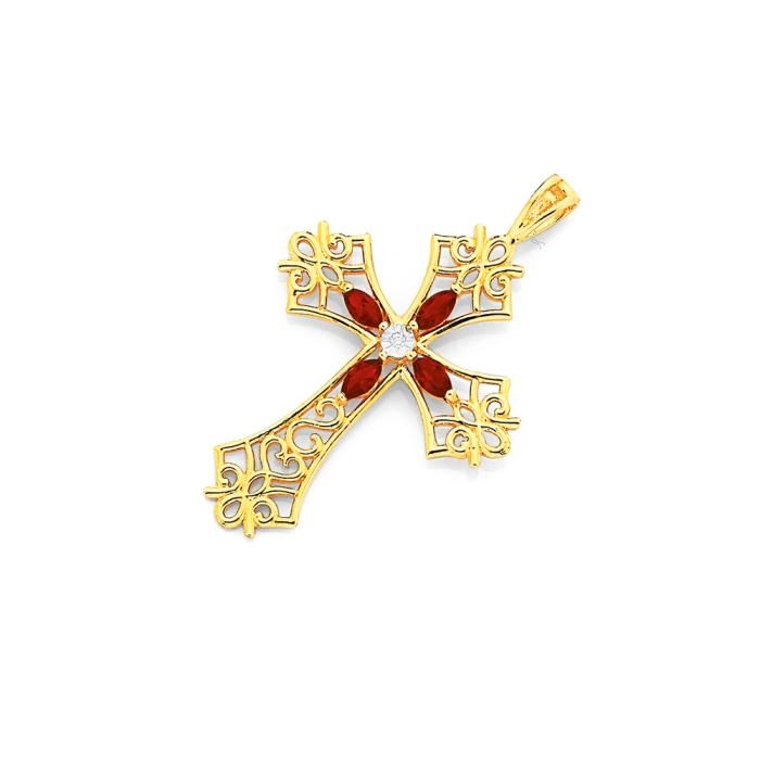 9ct Gold Created Ruby Cross Pendant